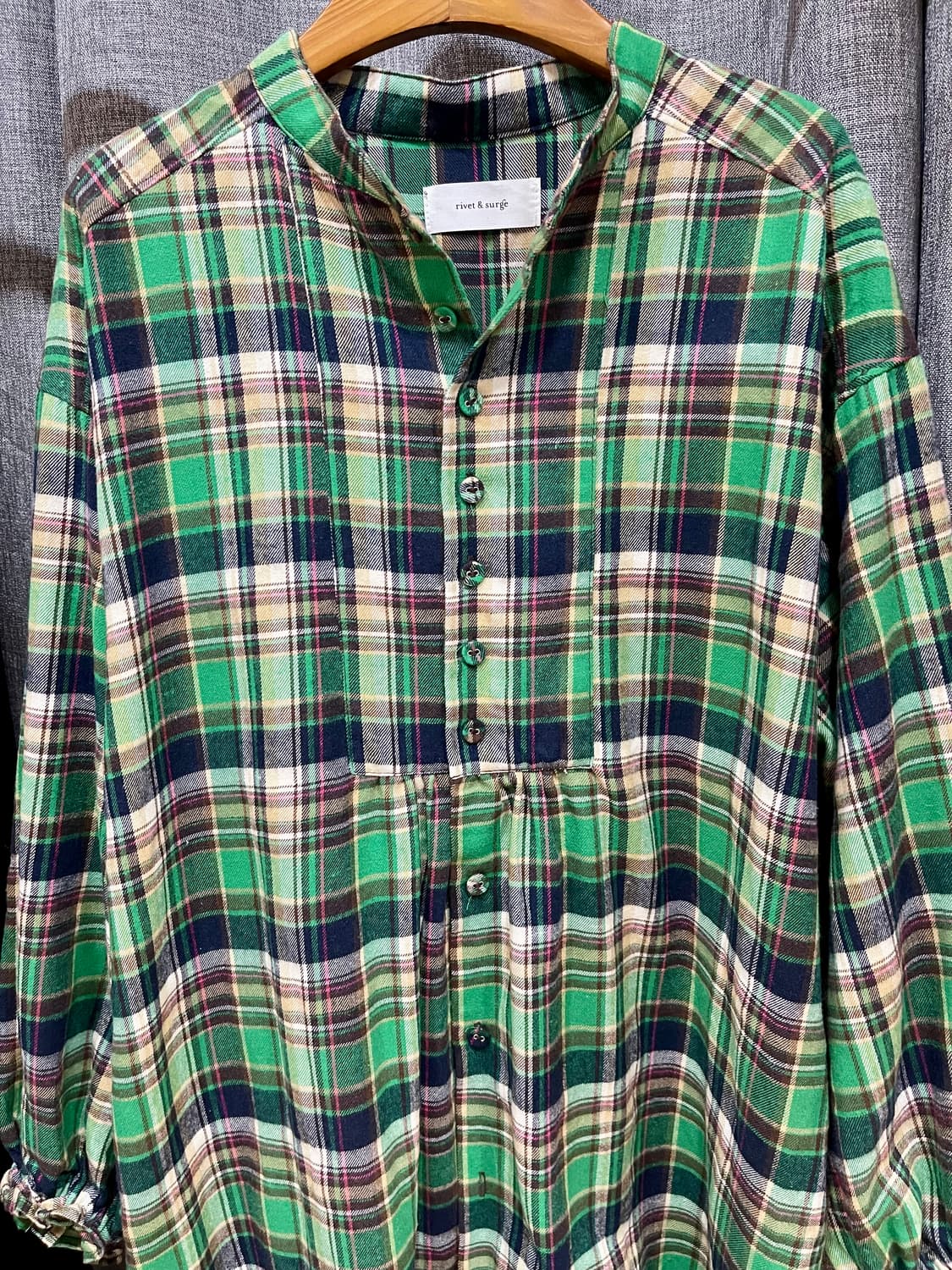 rivet & surge 사이드 슬릿 요크 체크 롱 원피스 (그린) 상품이미지4