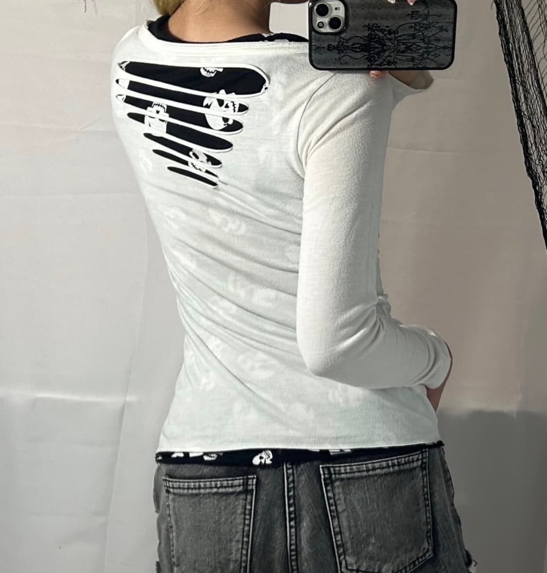 Chuxxx 해골 펑크 프린팅 갸루 와투케 y2k 롱슬 롱슬리브 상품이미지2