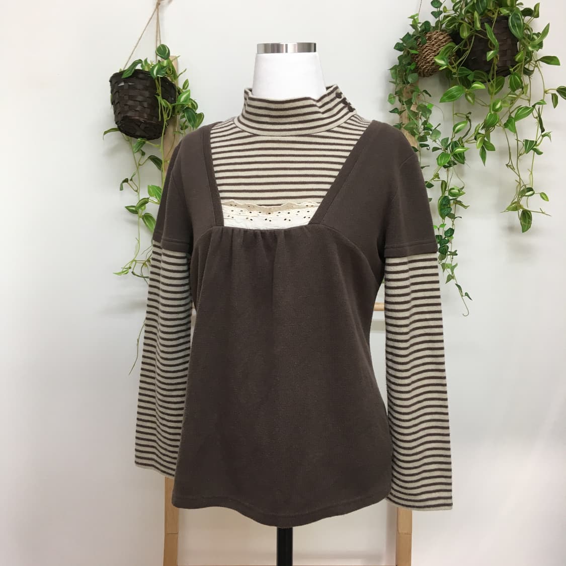 JPN/ 브라운 스트라이프 이너 레이어드티셔츠 모리걸레이어드이너 상품이미지1