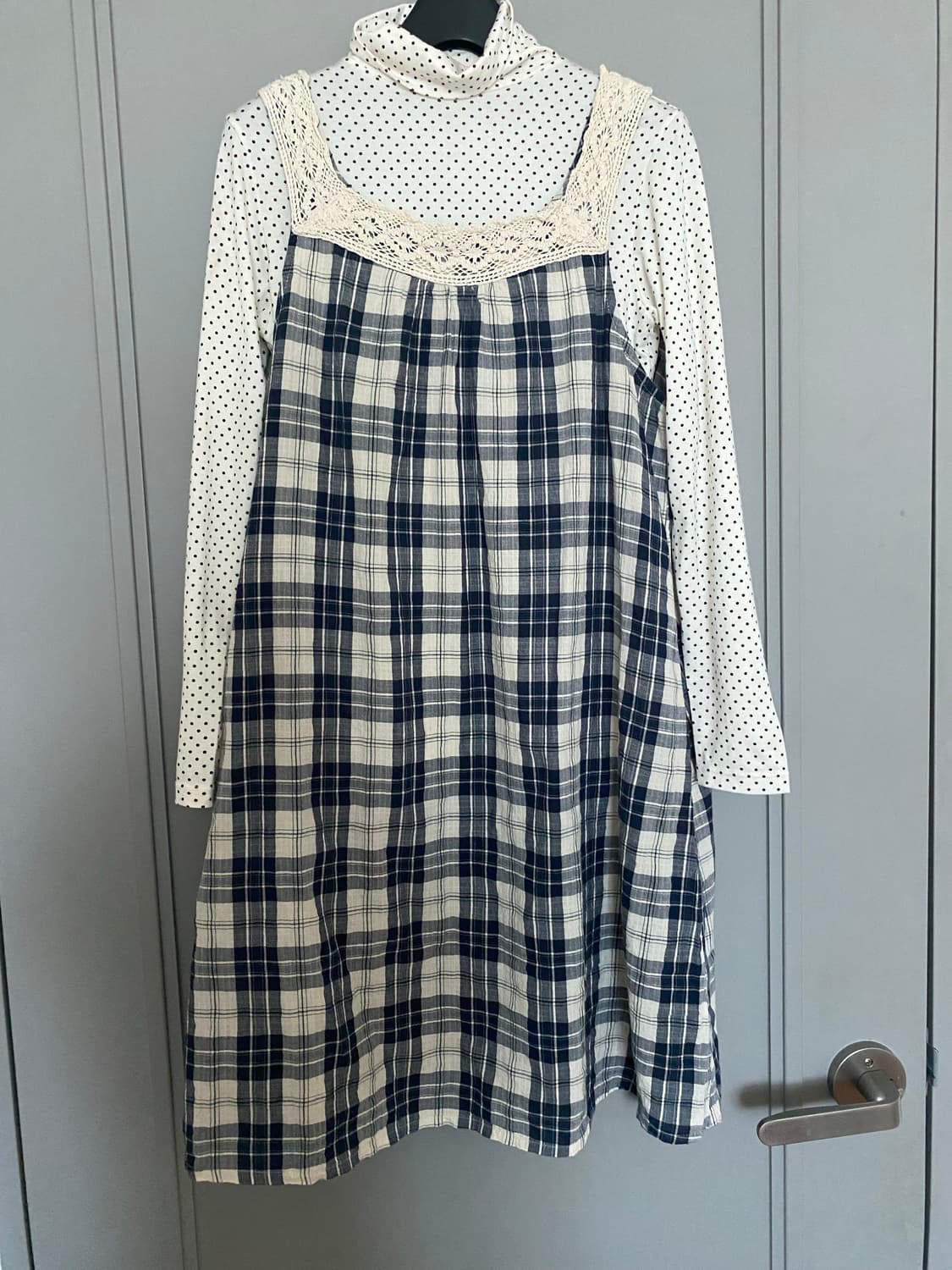 🫧빈티지 모리걸🫧도트 목폴라&체크 슬리브리스 원피스 세트 상품이미지1