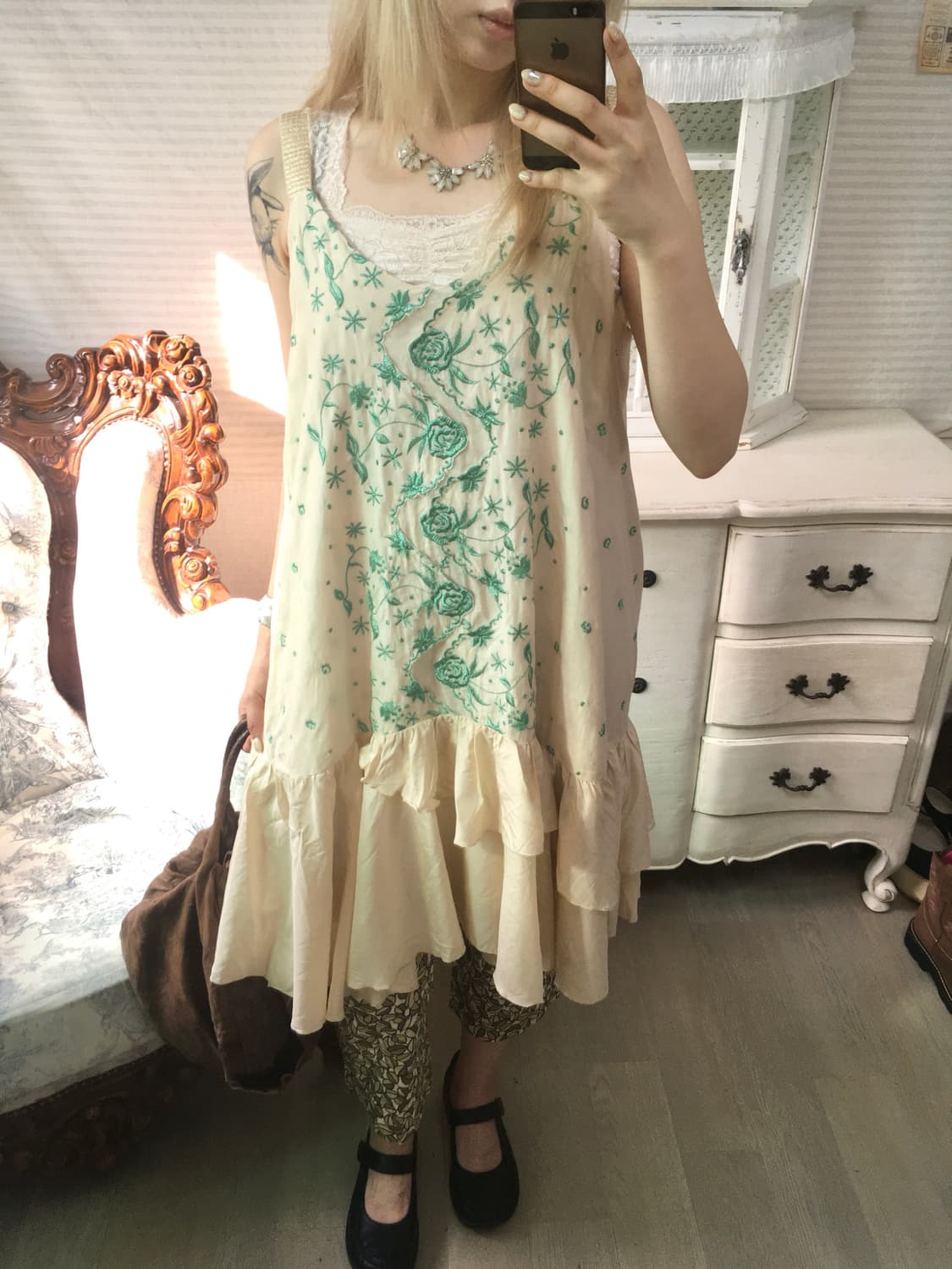 jpn vintage 아카이브 청록 자수 프릴 원피스 상품이미지2