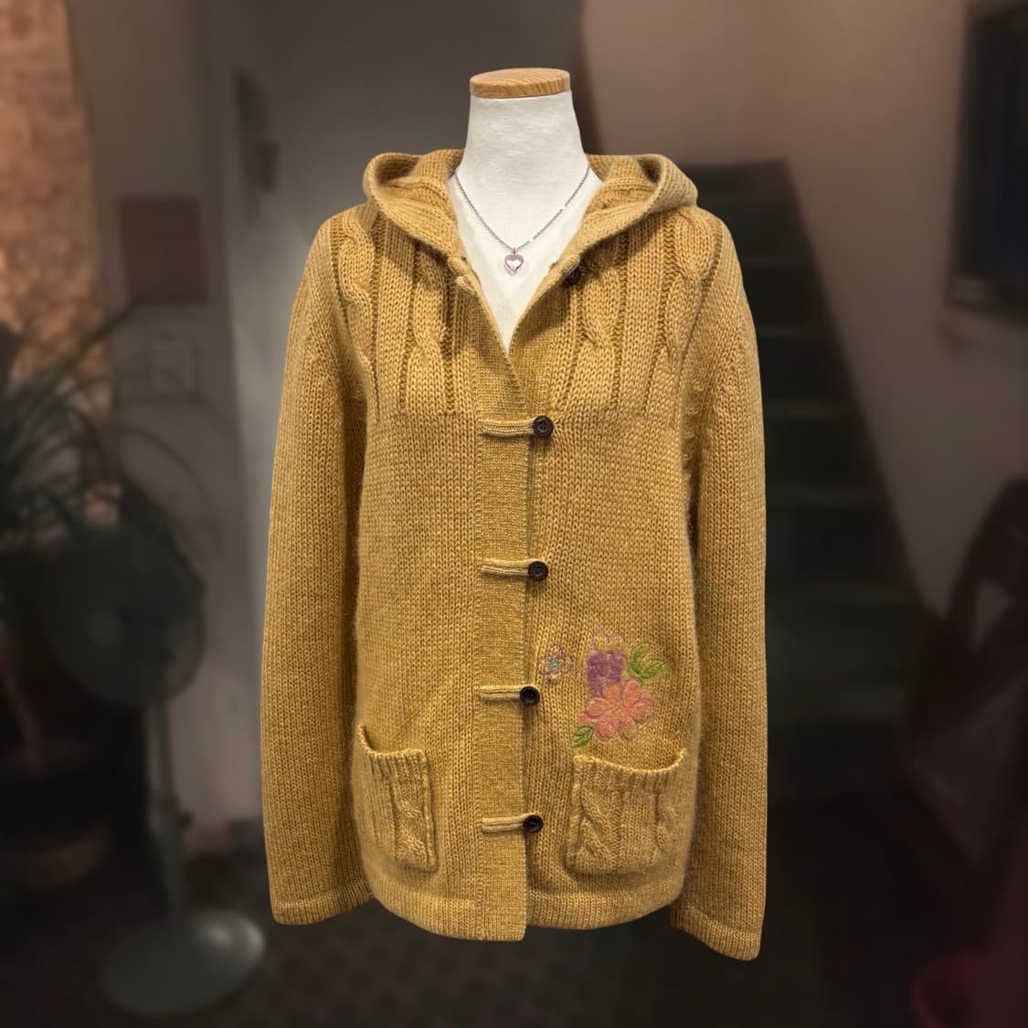 빈티지 모리걸 울혼방 머스타드 후드 니트 코트 가디건 상품이미지7