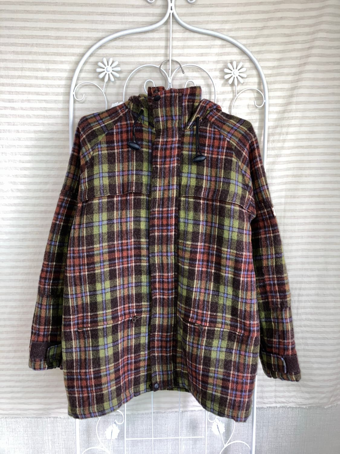 빈티지 그린 브라운 체크 후드 코트 y2k 스트릿 갸루 펑키486 상품이미지1