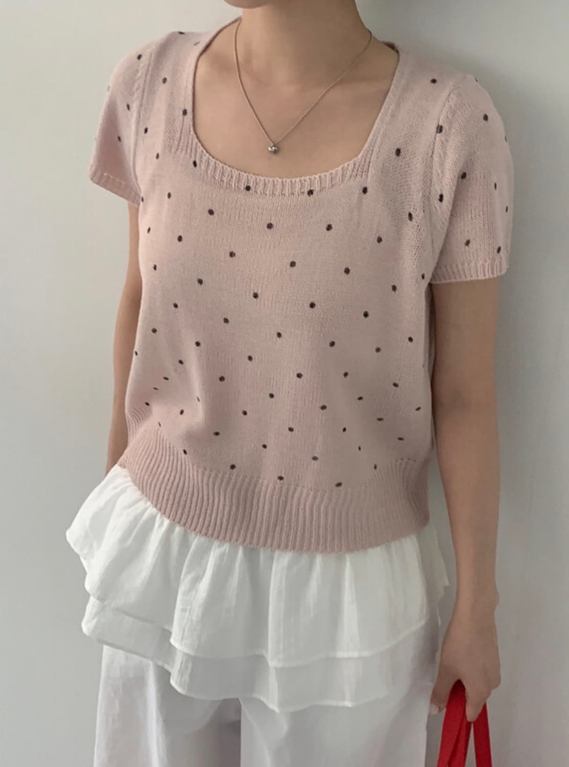 핑크 도트 스퀘어넥 반팔 니트 상품이미지1