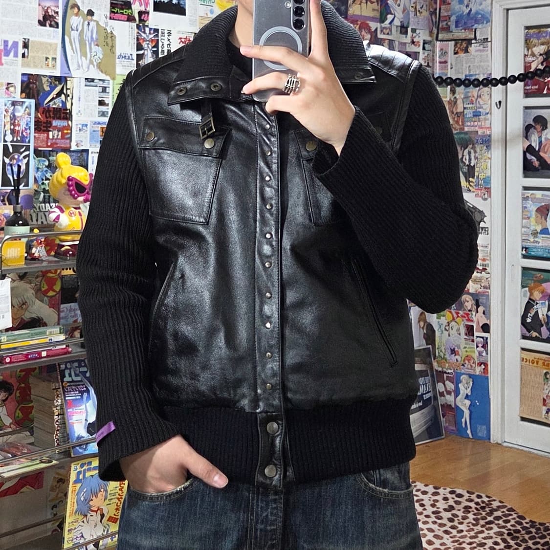 빈티지 양가죽 니트 배색 넥버클 블랙 누빔 자켓 상품이미지1