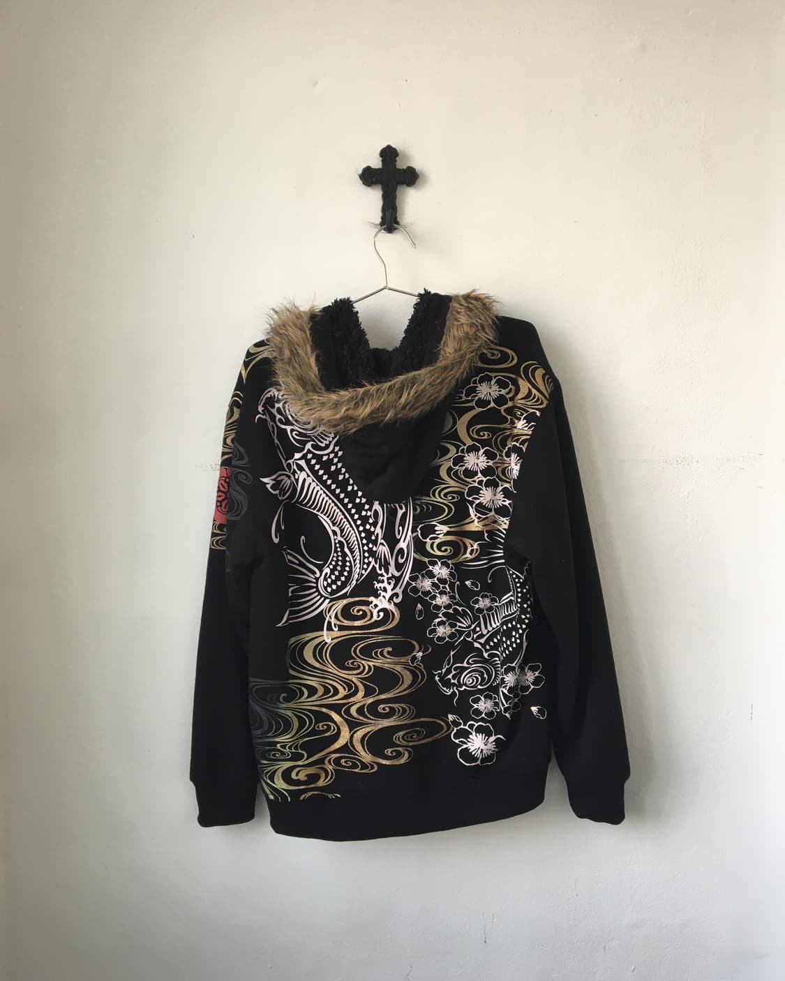 Fake fur hood oriental printing zip up 상품이미지3