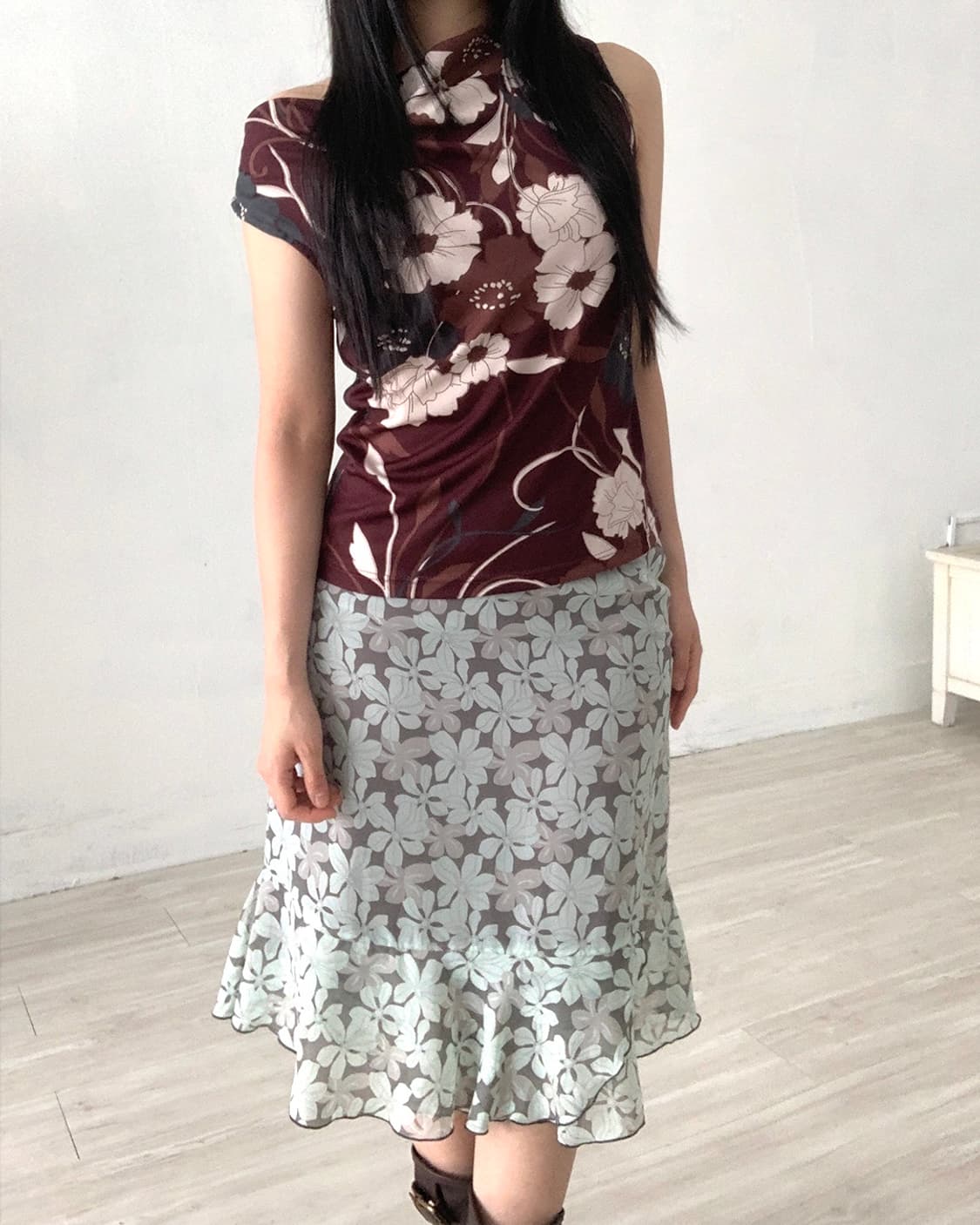 Mint Floral Sheer Midi Skirt 상품이미지3
