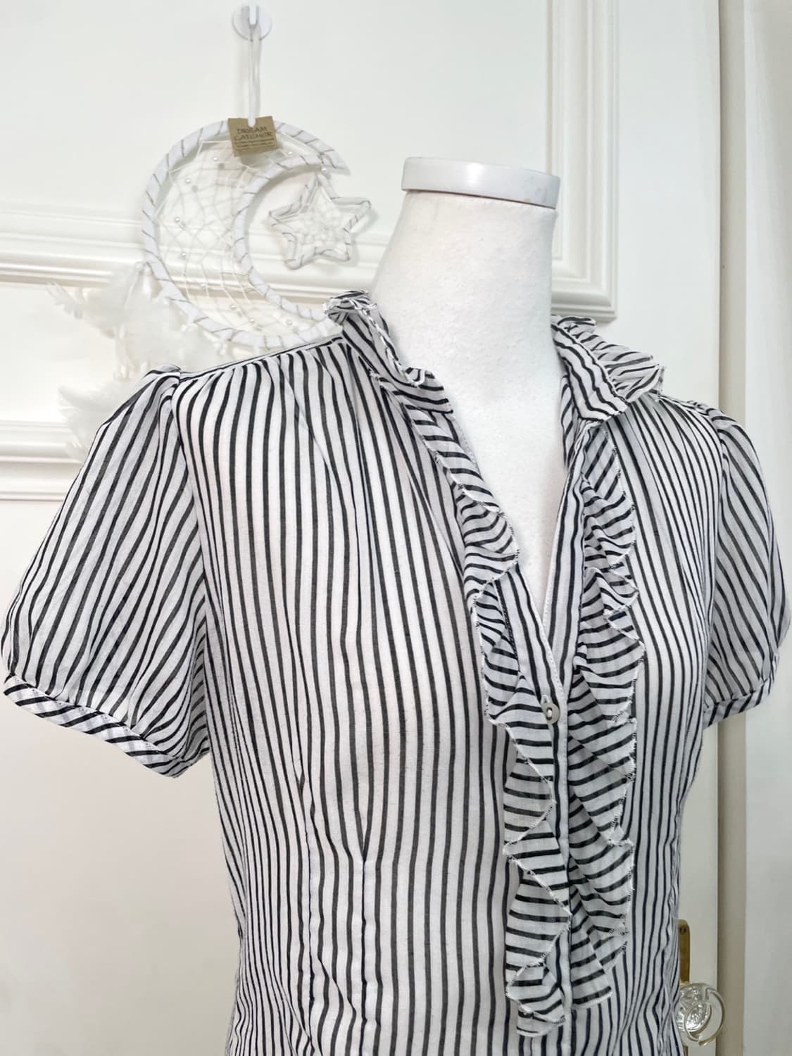 white black stripe shirring cotton blous 상품이미지5