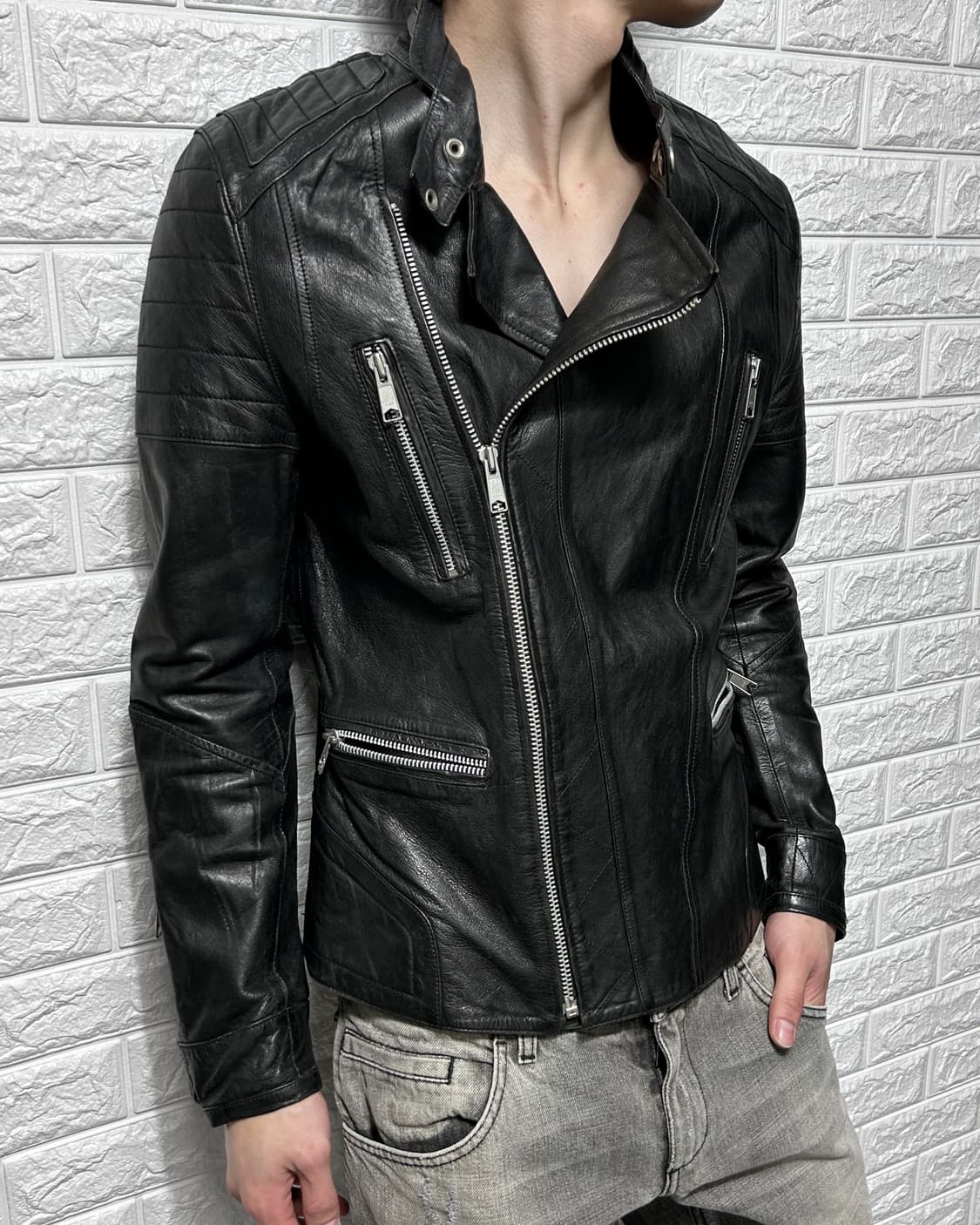 사선 레더 바이커 자켓 상품이미지2
