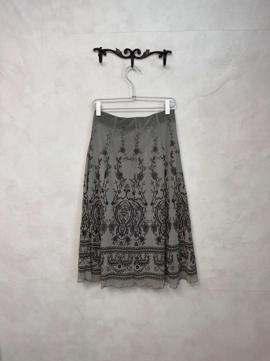 Gray oriental floral mesh pleats skirt 상품이미지3