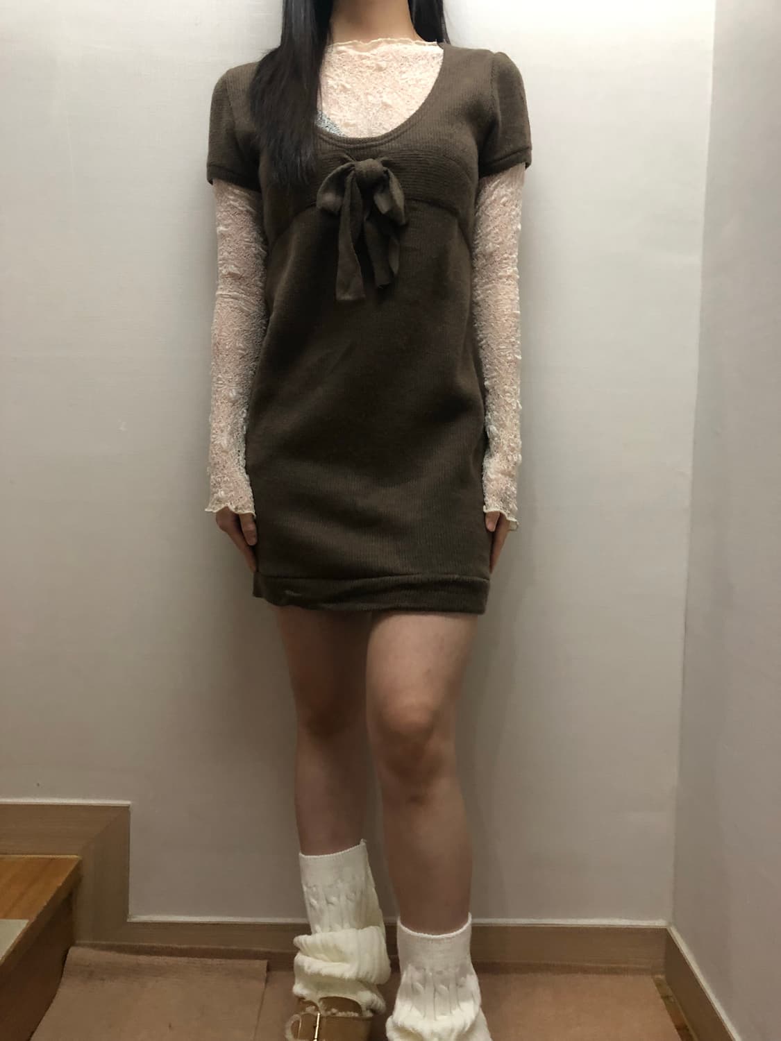 빈티지 브라운 리본 니트 원피스 상품이미지6