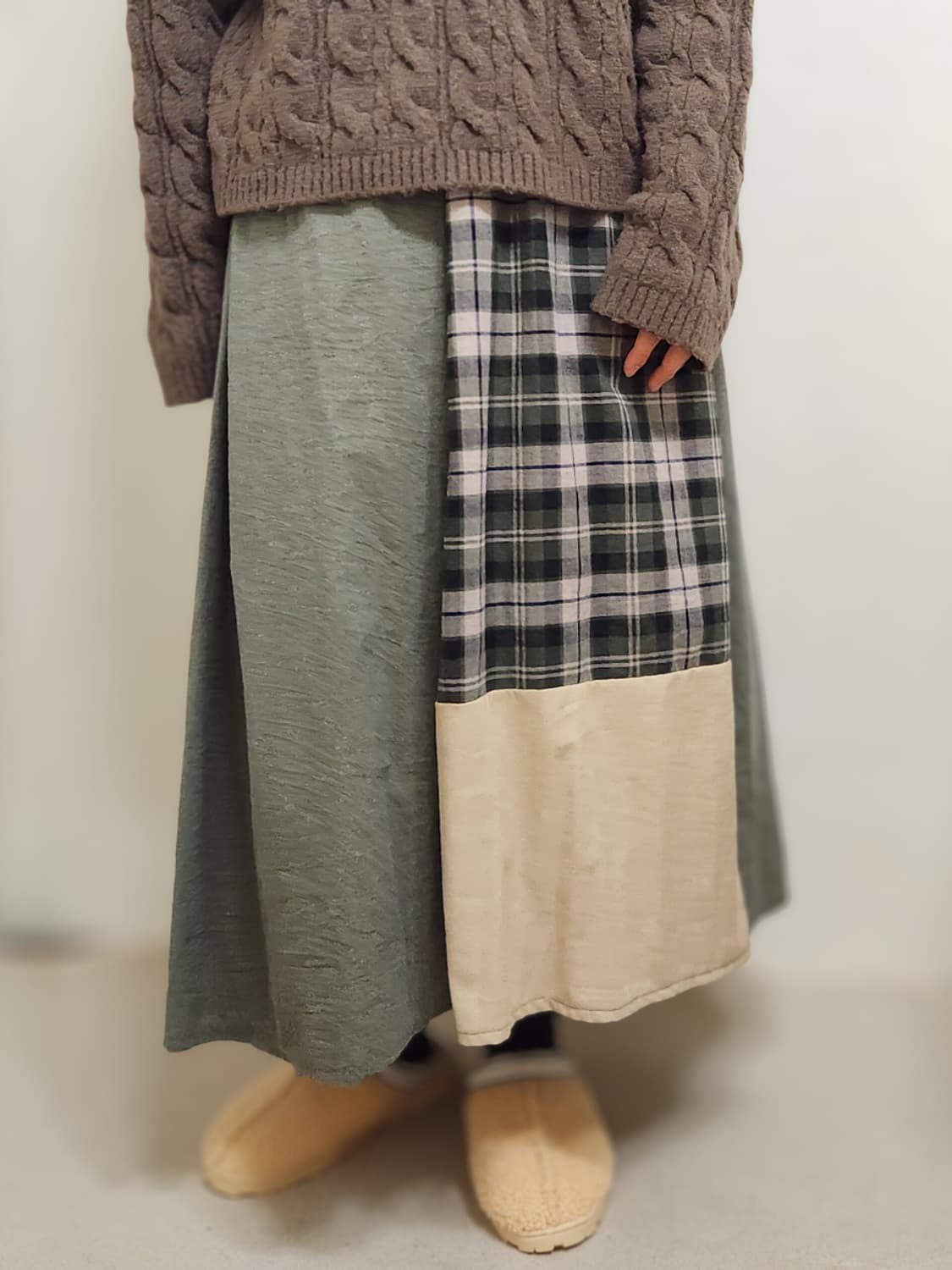 [기장수선가능] 360도 양면 카키 밴딩 패치워크 롱스커트 보헤미안 상품이미지1