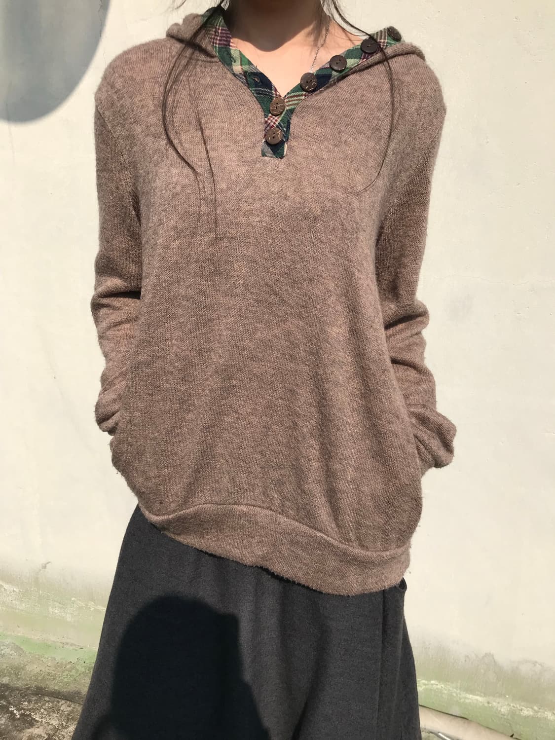 그린 체크 니트 후드 상품이미지5