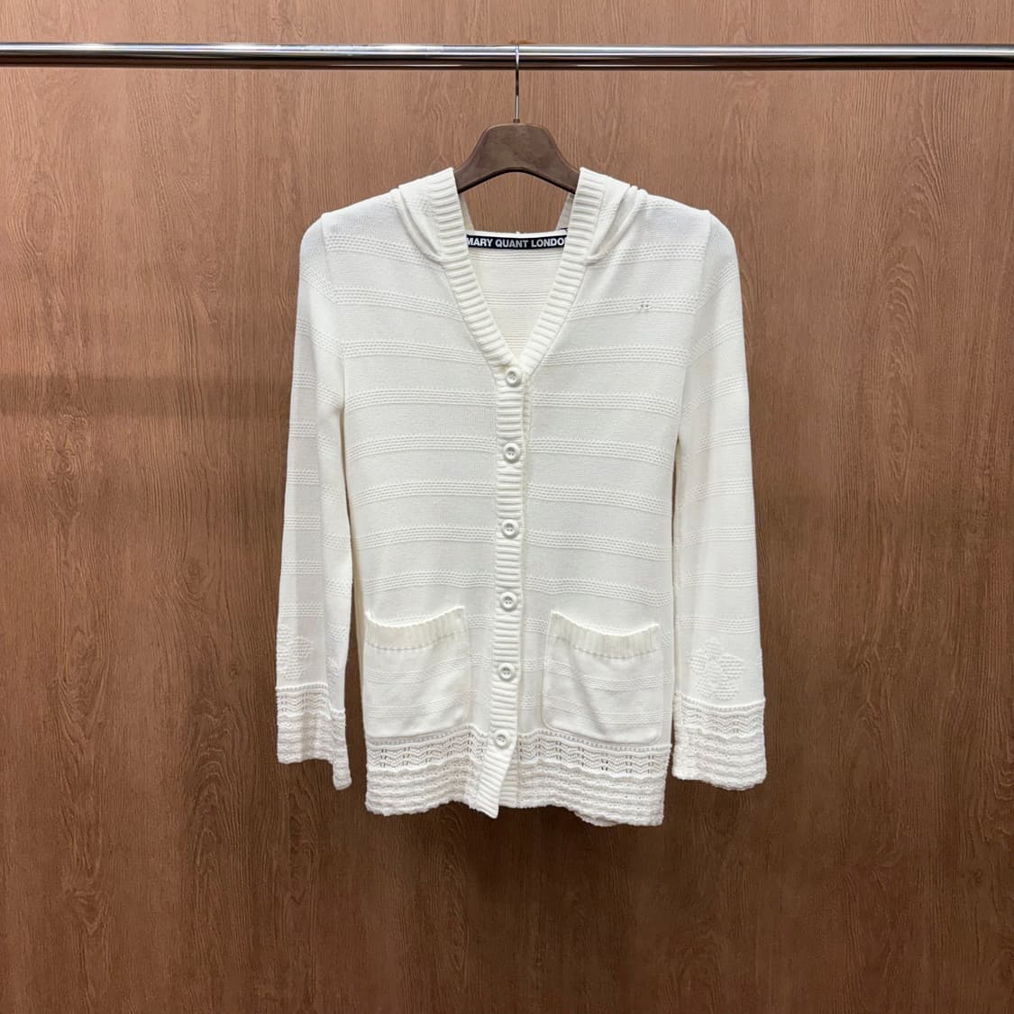 메리퀀트 런던 후드 니트 가디건 스트라이프 레이스 조직 디테일 화이트 상품이미지2