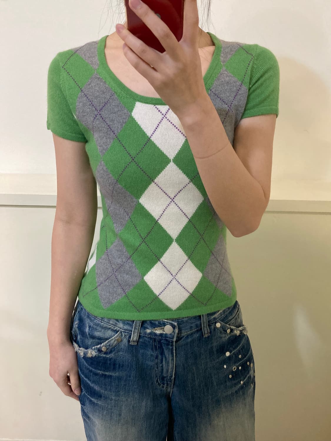 아가일 그린 반팔 니트 상품이미지8