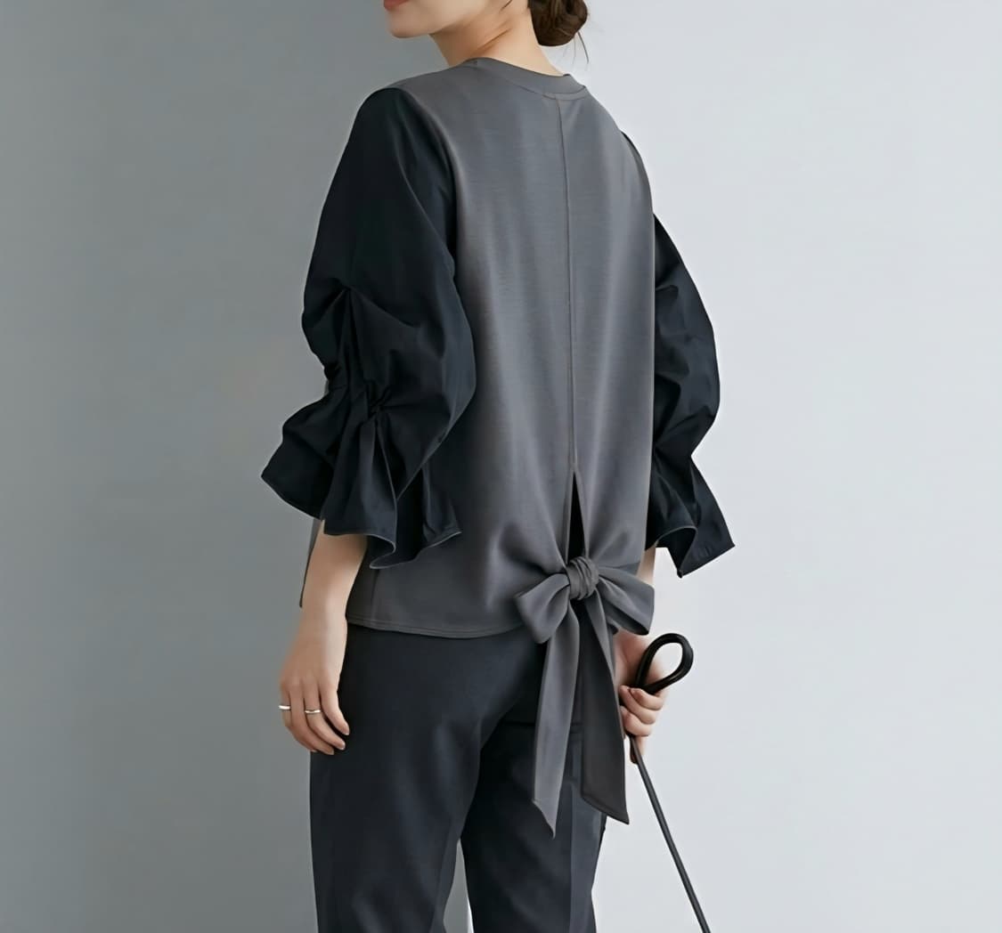 [66]오즈세컨 백 리본 셔링 퍼프 슬리브 티셔츠 상품이미지2