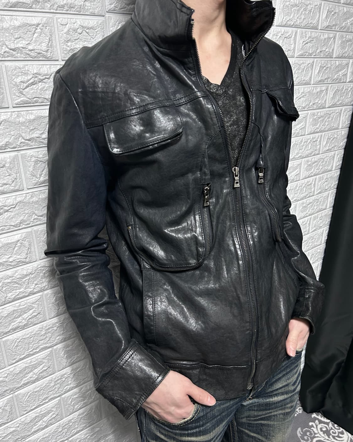 송지오 웨이브 포켓 램스킨 자켓 상품이미지1