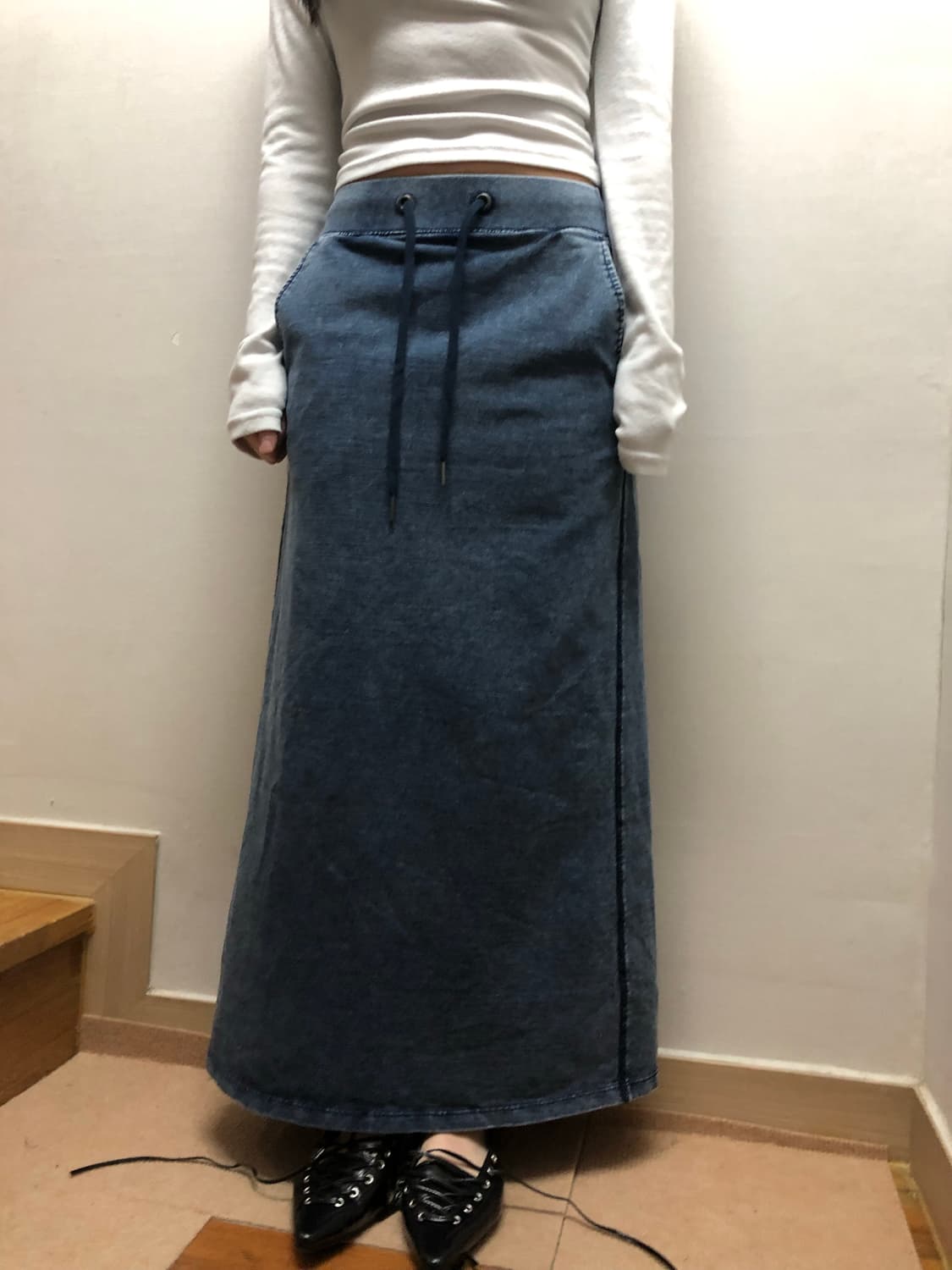 빈티지 데님 프린팅 코튼 롱 스커트 상품이미지4