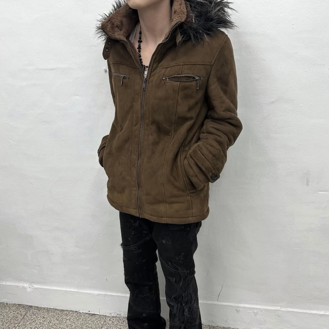 mustard khaki fur hood jacket 상품이미지3