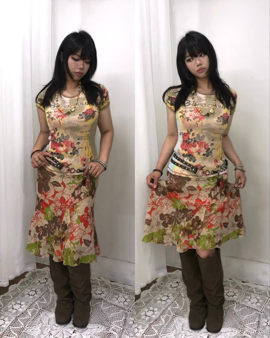 floral print asymmetrical ruffle midi sk 상품이미지5