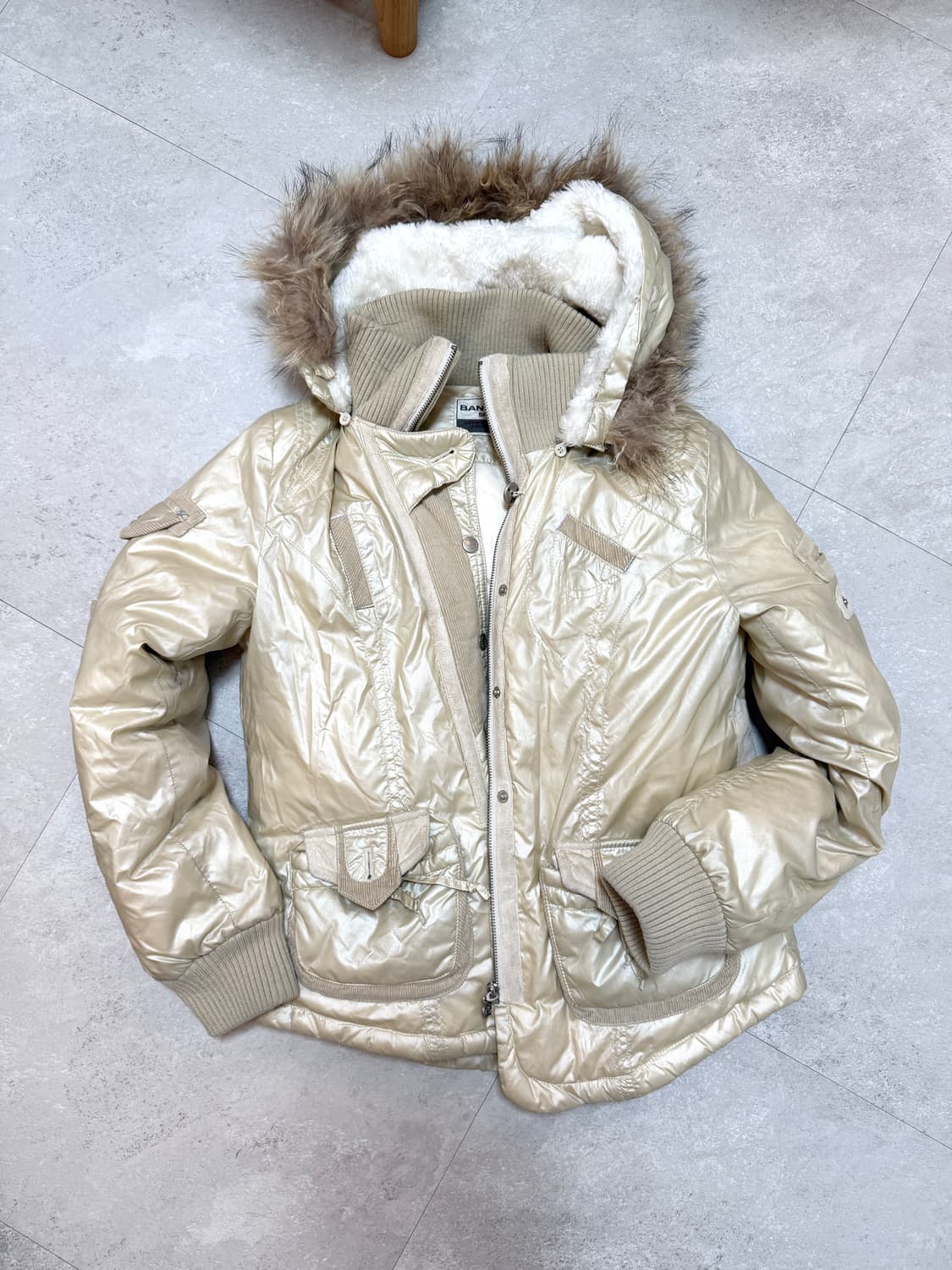 Y2k 니트 레이어드 베이지 퍼 후드 패딩 상품이미지1