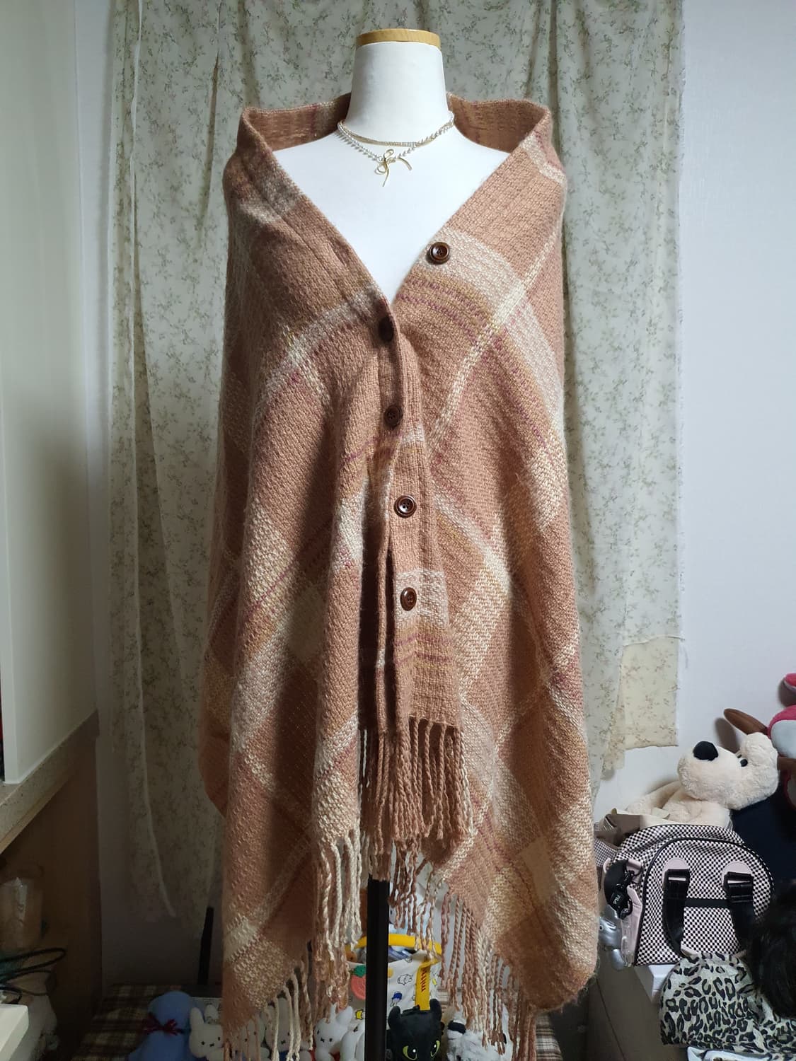 [빈티지] 체크 패턴 숄 가디건 망토 상품이미지1