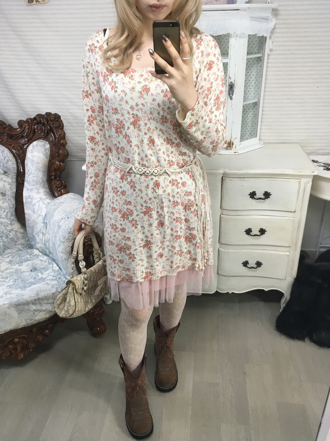 Set)  floral  knit onepiece + belt 상품이미지4