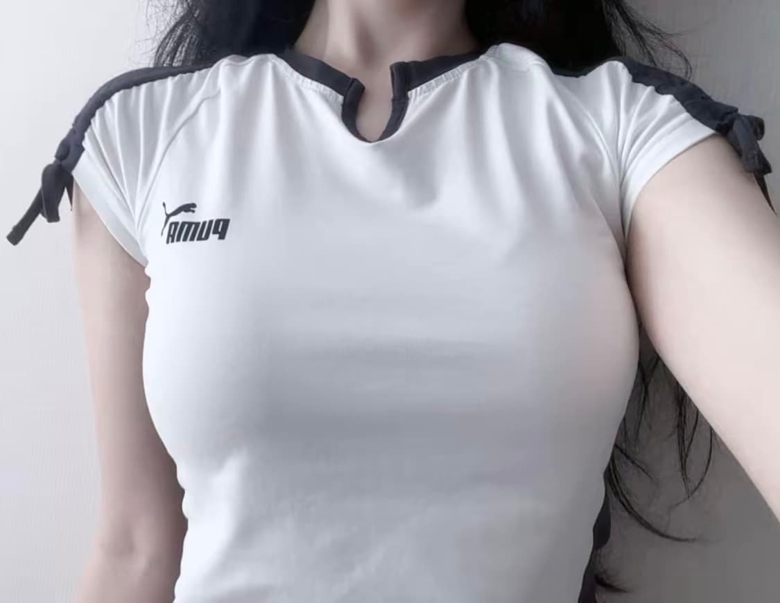 빈티지 퓨마 푸마 puma 흰검네이비 발레코어 리본 셔링 딱붙 반팔 탑 상품이미지2