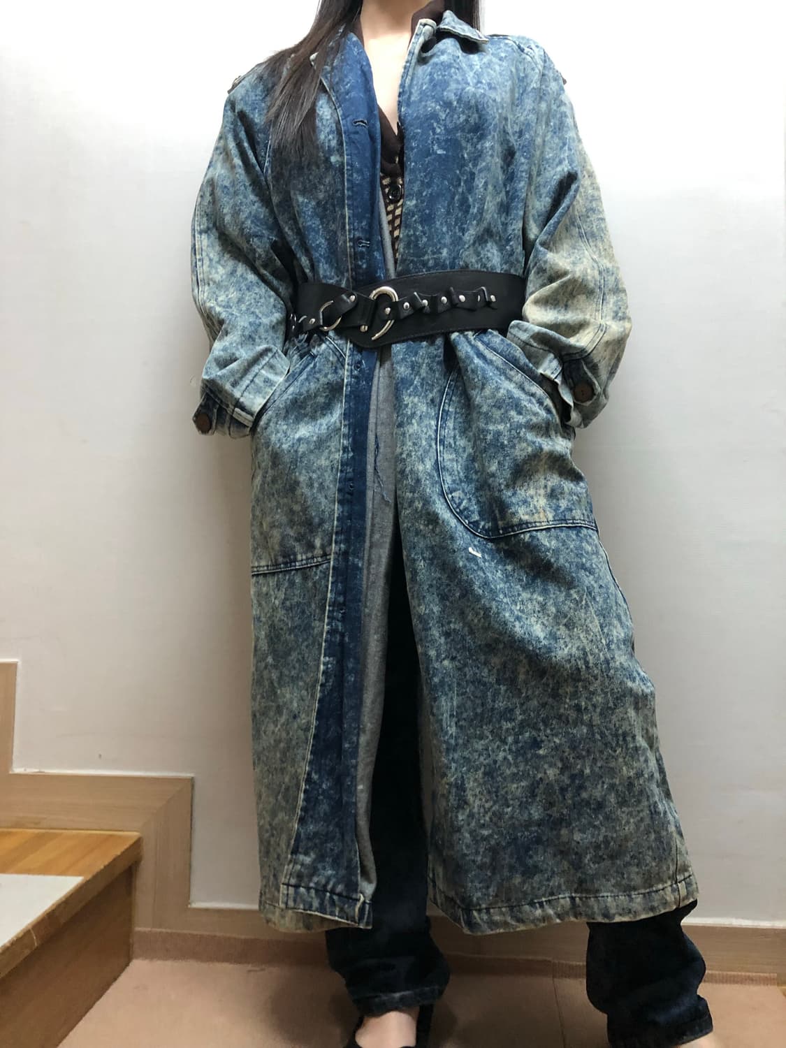 빈티지 데님 워싱 롱 코트 상품이미지1