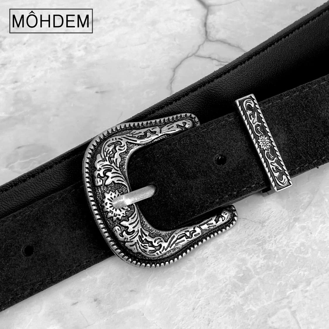 [Unisex] 클래식 웨스턴 스웨이드 가죽 벨트 블랙 상품이미지8