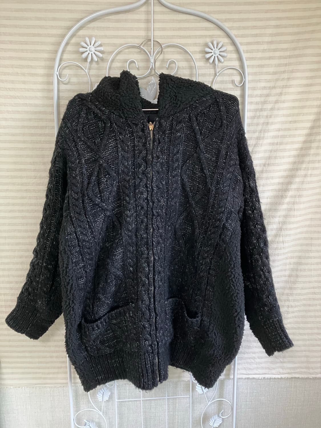 빈티지 블랙 꽈배기 후드 니트 집업 y2k 스트릿 갸루 펑키 일본빈티지5 상품이미지1