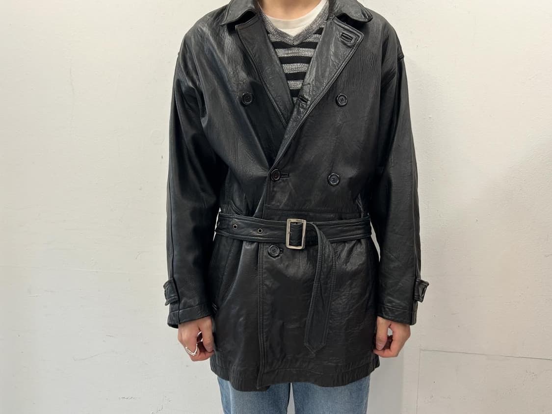 블랙 가죽 트렌치 코트 벨트 더블 버튼 상품이미지1