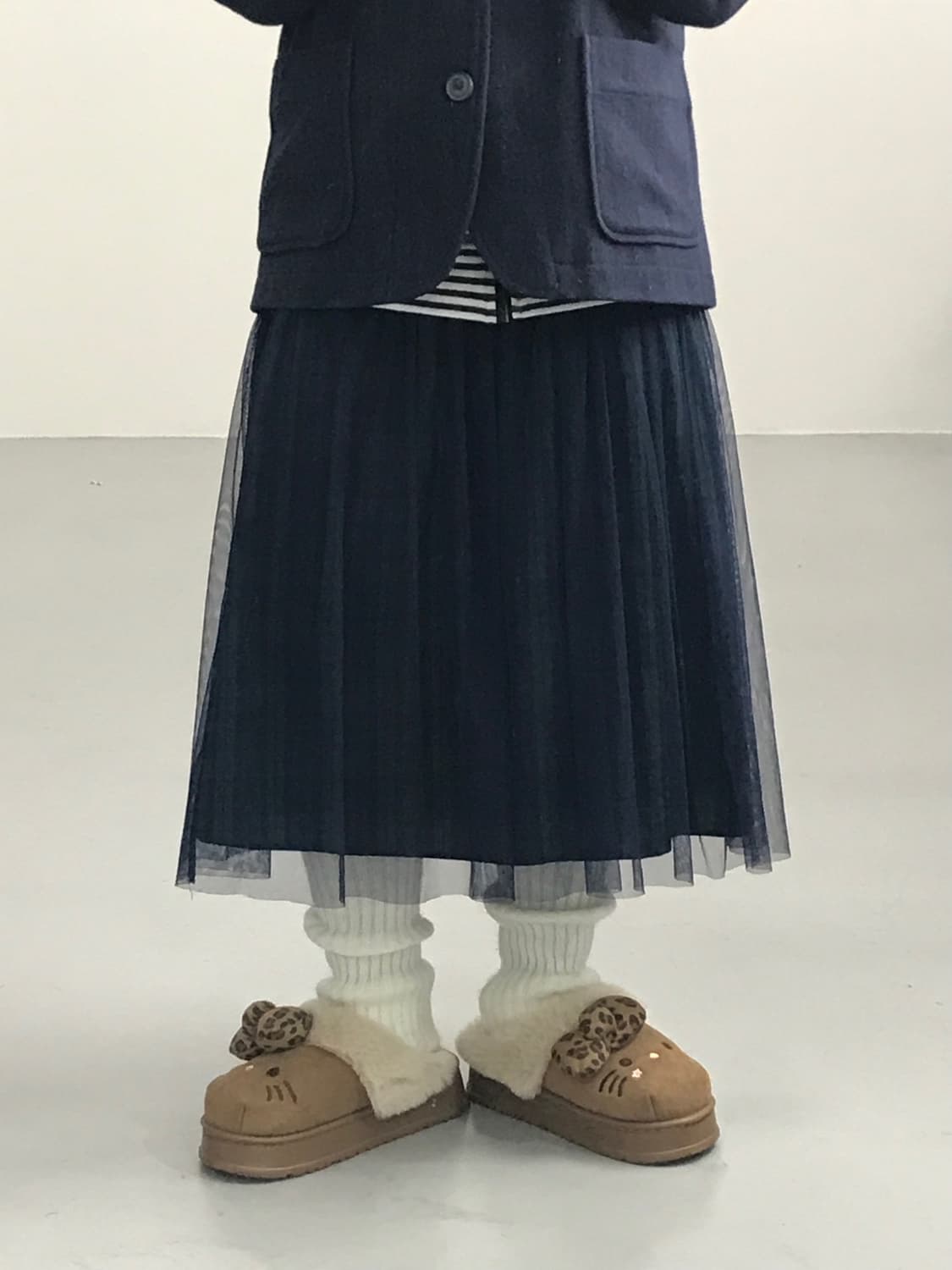 Jpn Navy Layered Green Plaid Midi Skirt 상품이미지1