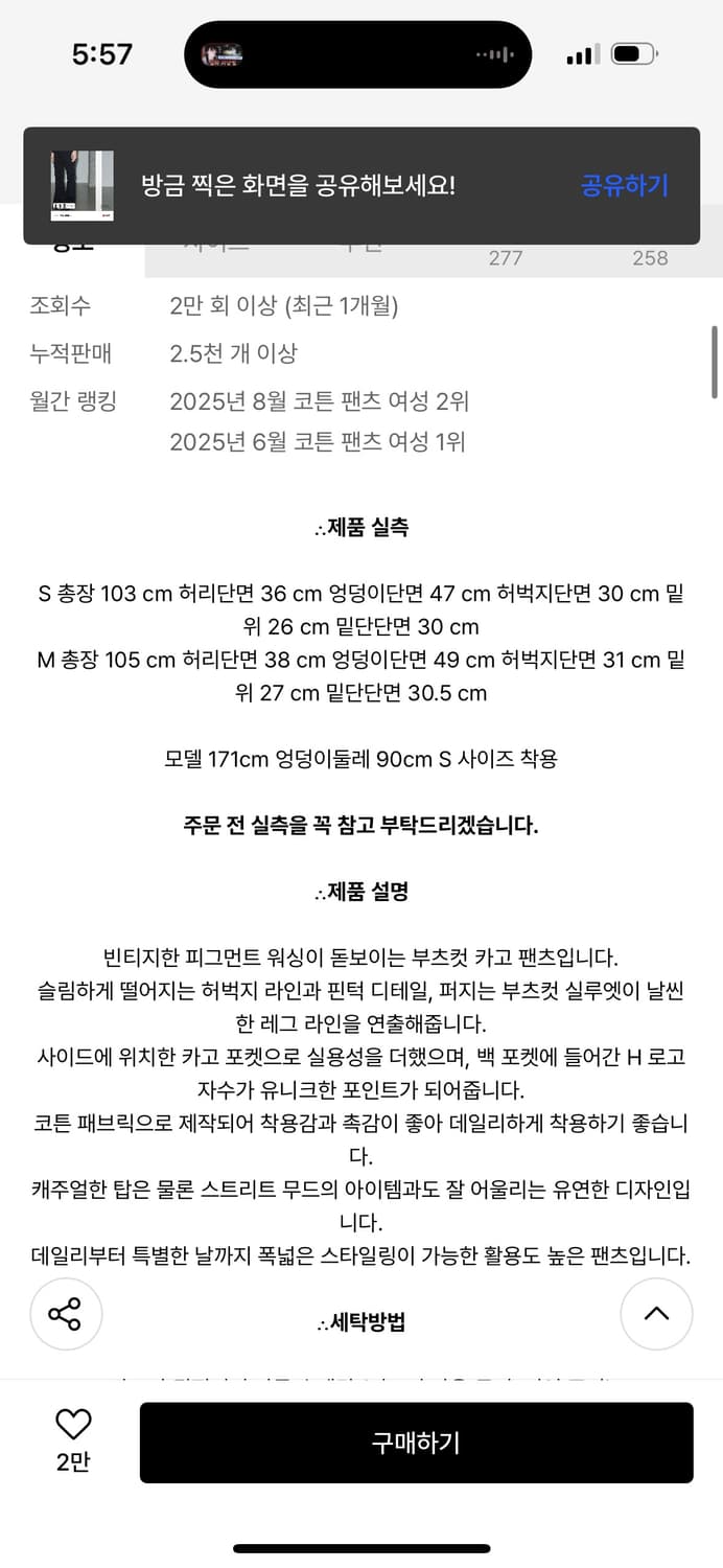 [새상품] 헬레네파리스 피그먼트 부츠컷 카고 팬츠 [블랙] 상품이미지3
