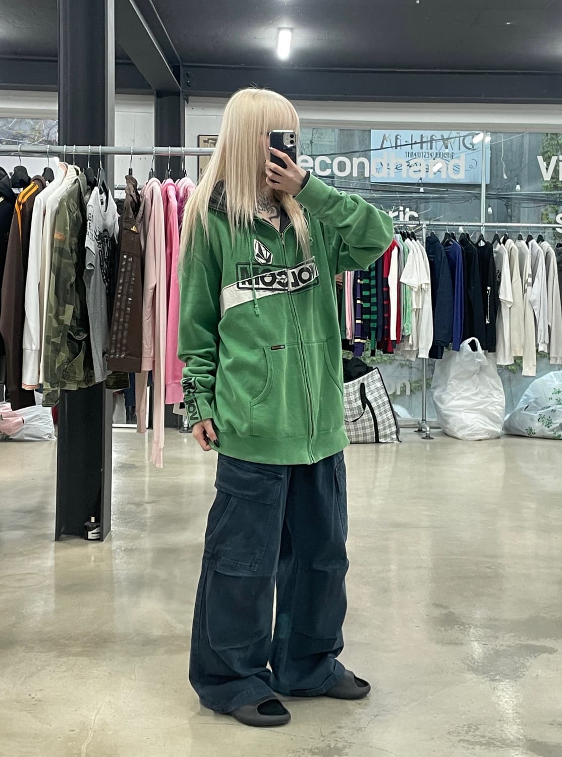 볼컴 Y2K 그린 오버핏 그런지 프린팅 후드 집업 상품이미지2