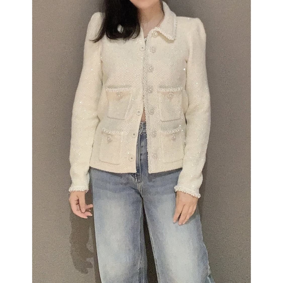 셀프 포트레이트 펄 버튼 시퀸 트위드 니트 자켓 상품이미지1