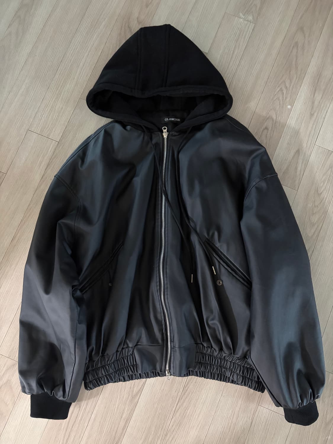 후드 레더 자켓 블랙 상품이미지1