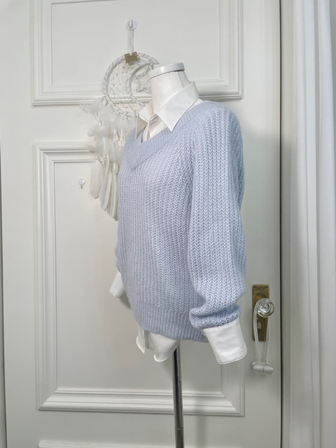sheer blue v-neck waffle sweater&white l 상품이미지2