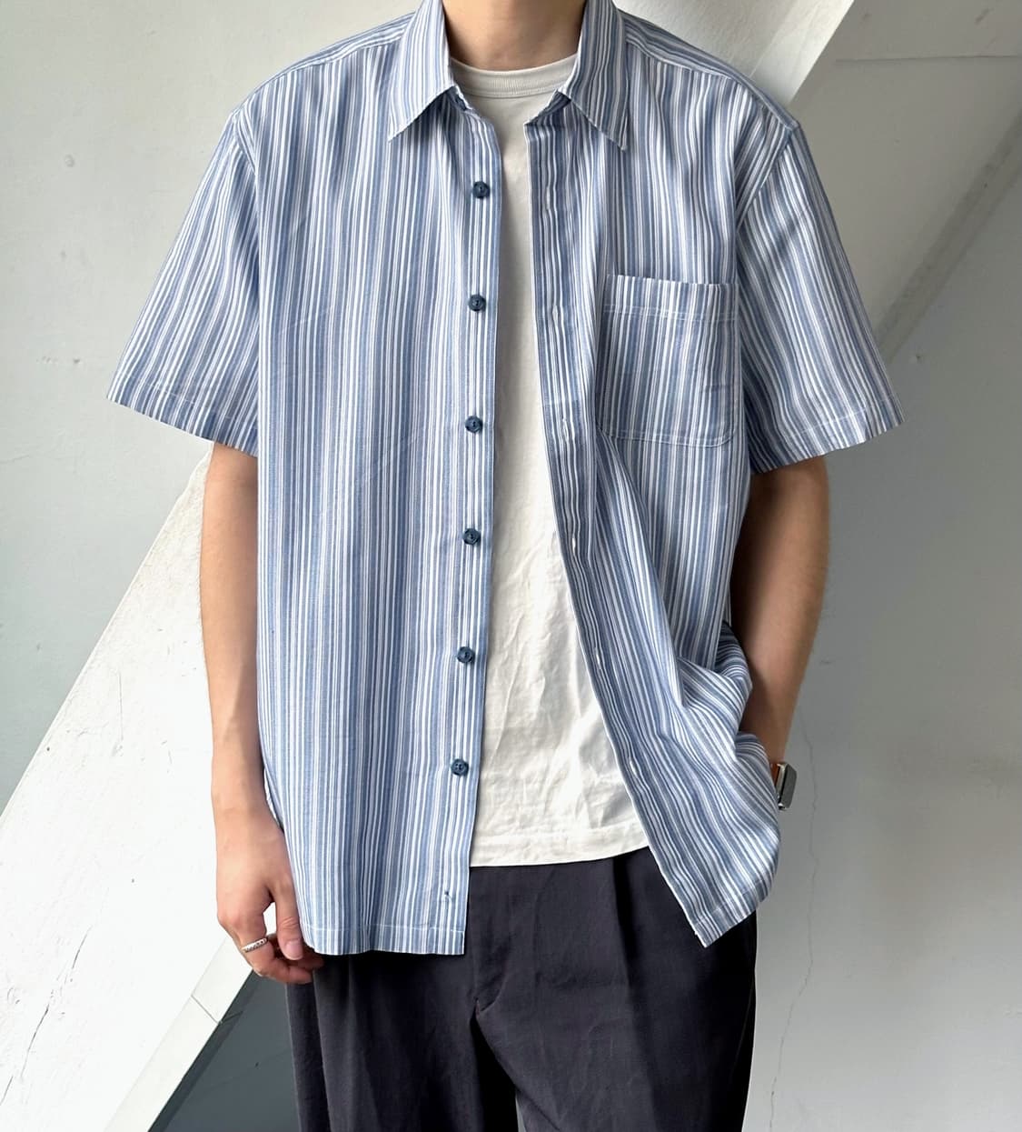 High count multi stripe woven H/S shirt 상품이미지10