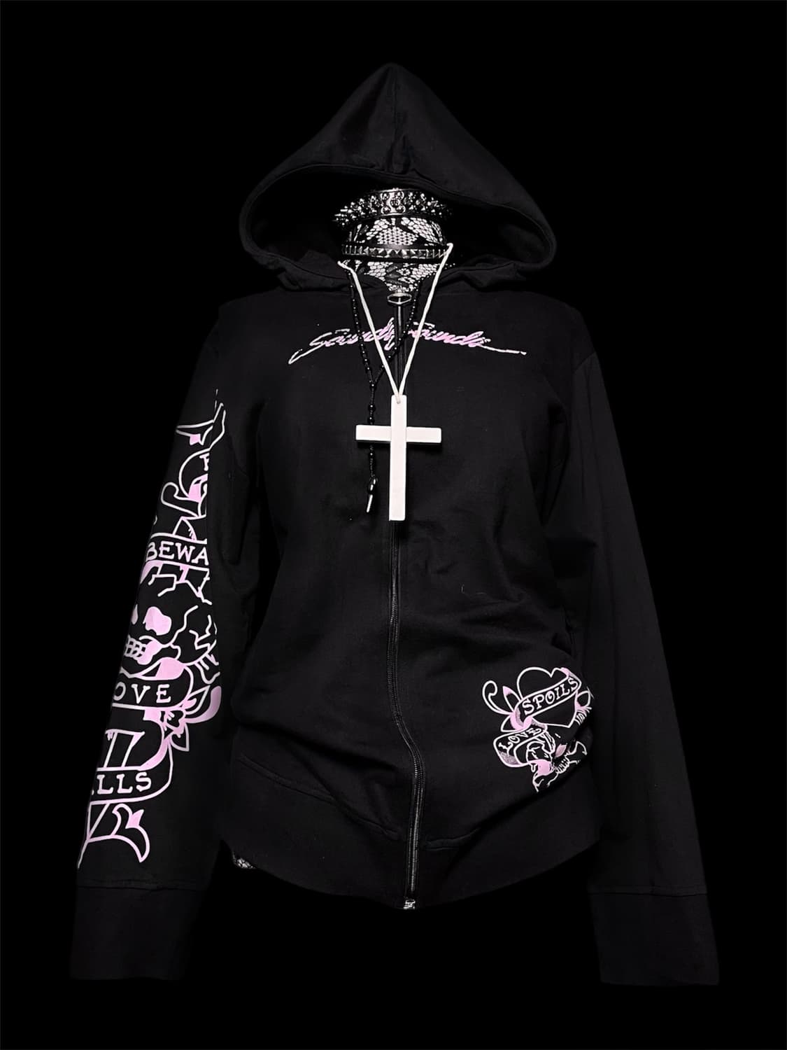 JPN 펑크 블랙 핑크 레터링 후드집업 상품이미지1