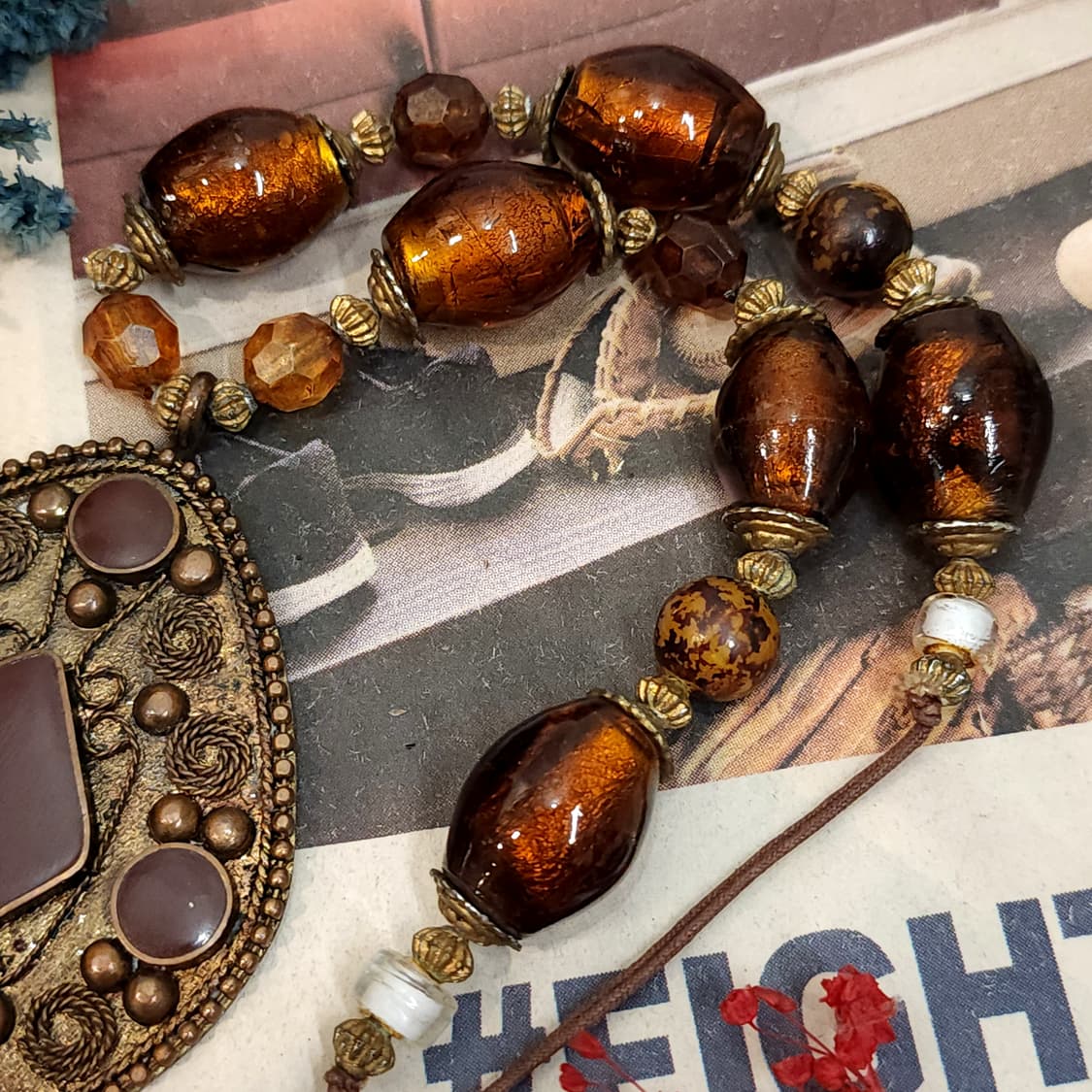 90s 프랑스 빈티지 오리엔탈 브라운 비즈 목걸이 빈티지 목걸이 상품이미지5