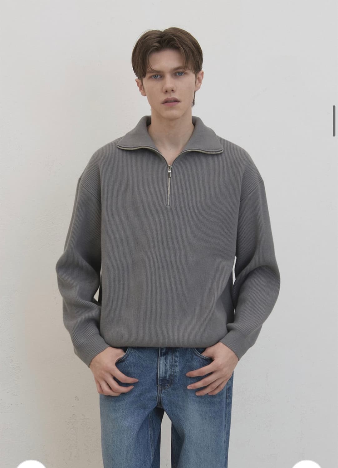 (새상품)(L) 드로우핏 오버사이즈 하프 집업 카라 울 니트 GREY 상품이미지5