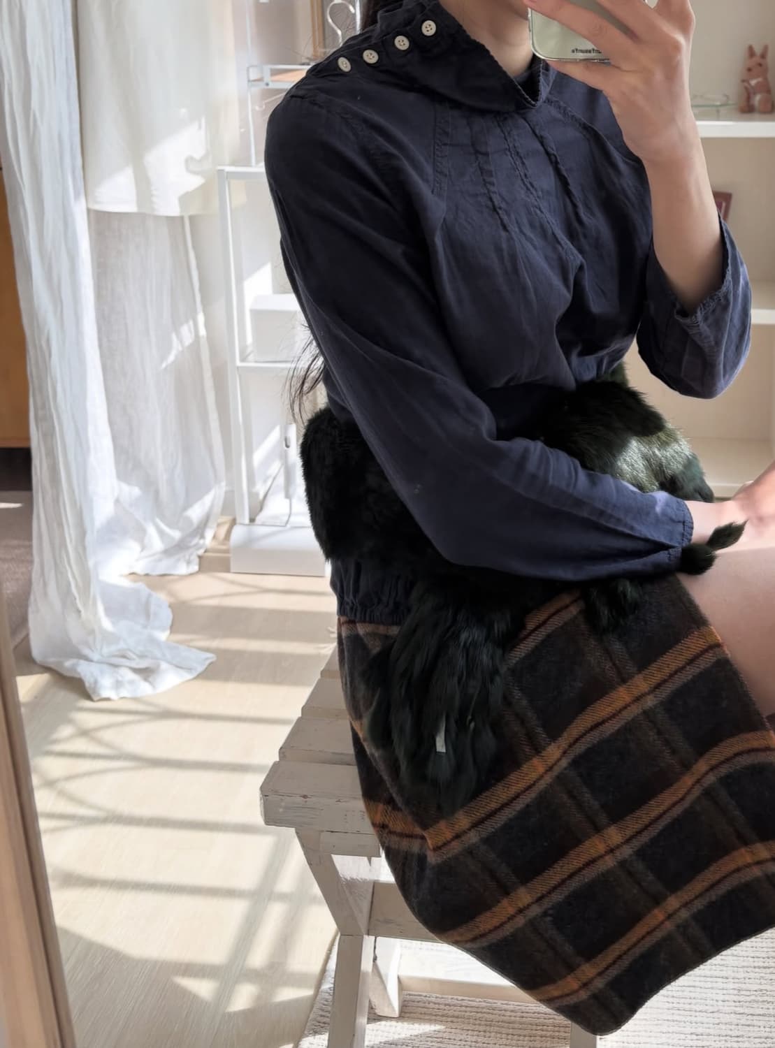 Oree 오르에 빈티지 브라운 윈도우 체크 랩 미디 울 스커트 상품이미지2
