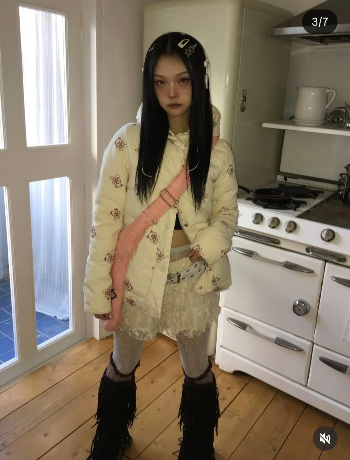 히스테릭글래머 빈티지 퍽베어 리버시블 경량 패딩 아이보리 상품이미지3