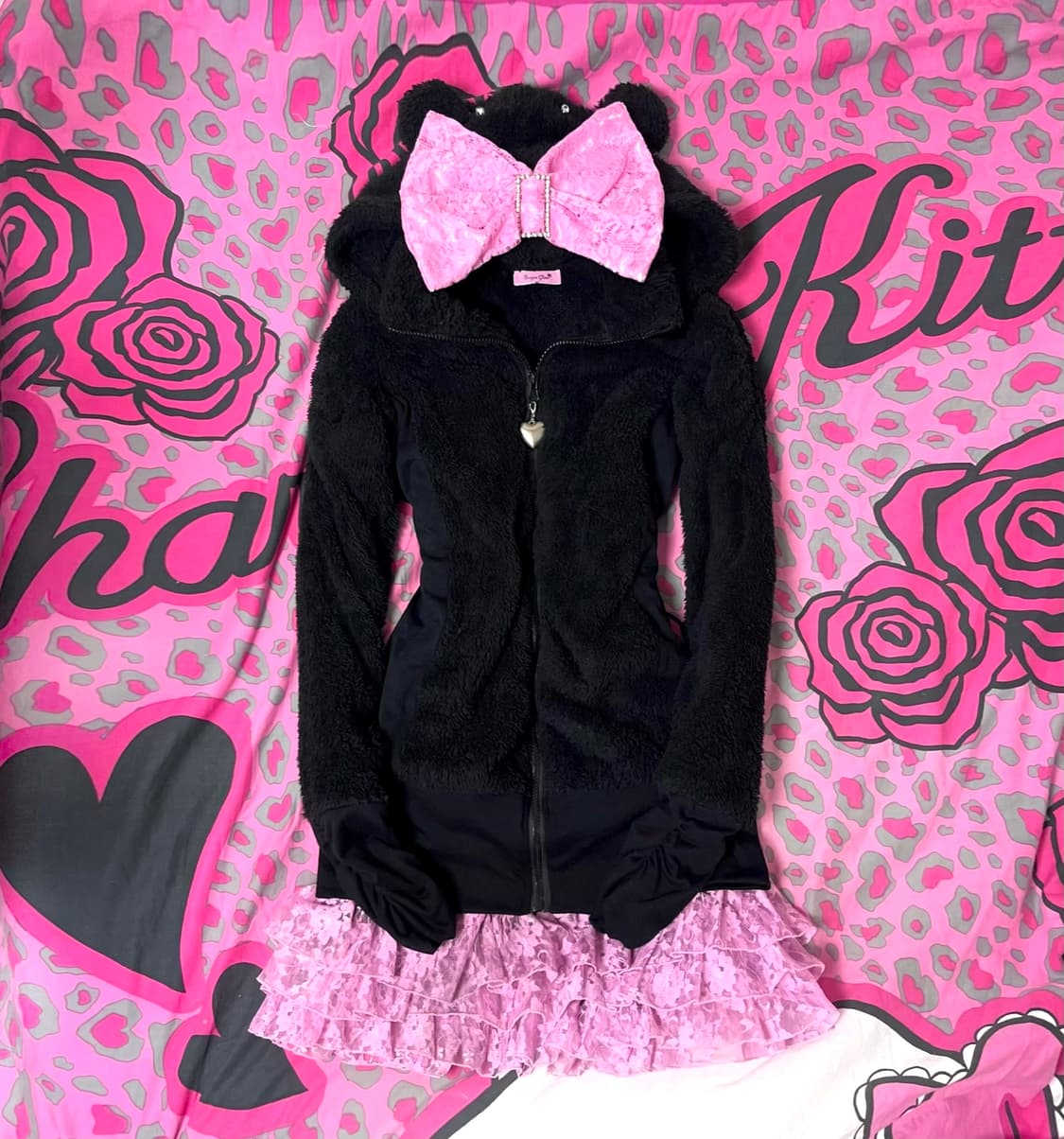 MA*RS마즈 블랙핑크 왕리본 쿠마미미 뽀글이 후드집업 히메갸루 핀터 상품이미지1