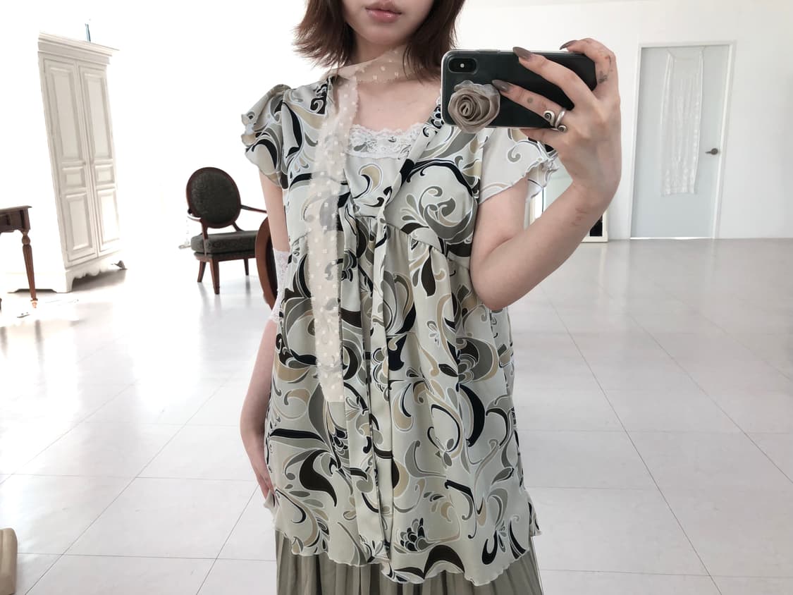 Set 페이즐리 프릴탑 & 그린티 미디 스커트 상품이미지4