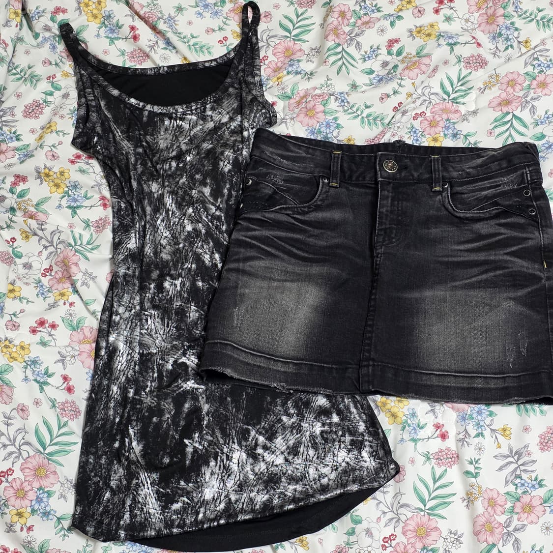 일본 아메리칸 빈티지)오네갸루 메탈데미지y2k블랙슬리브리스데님치마코디세트 상품이미지1