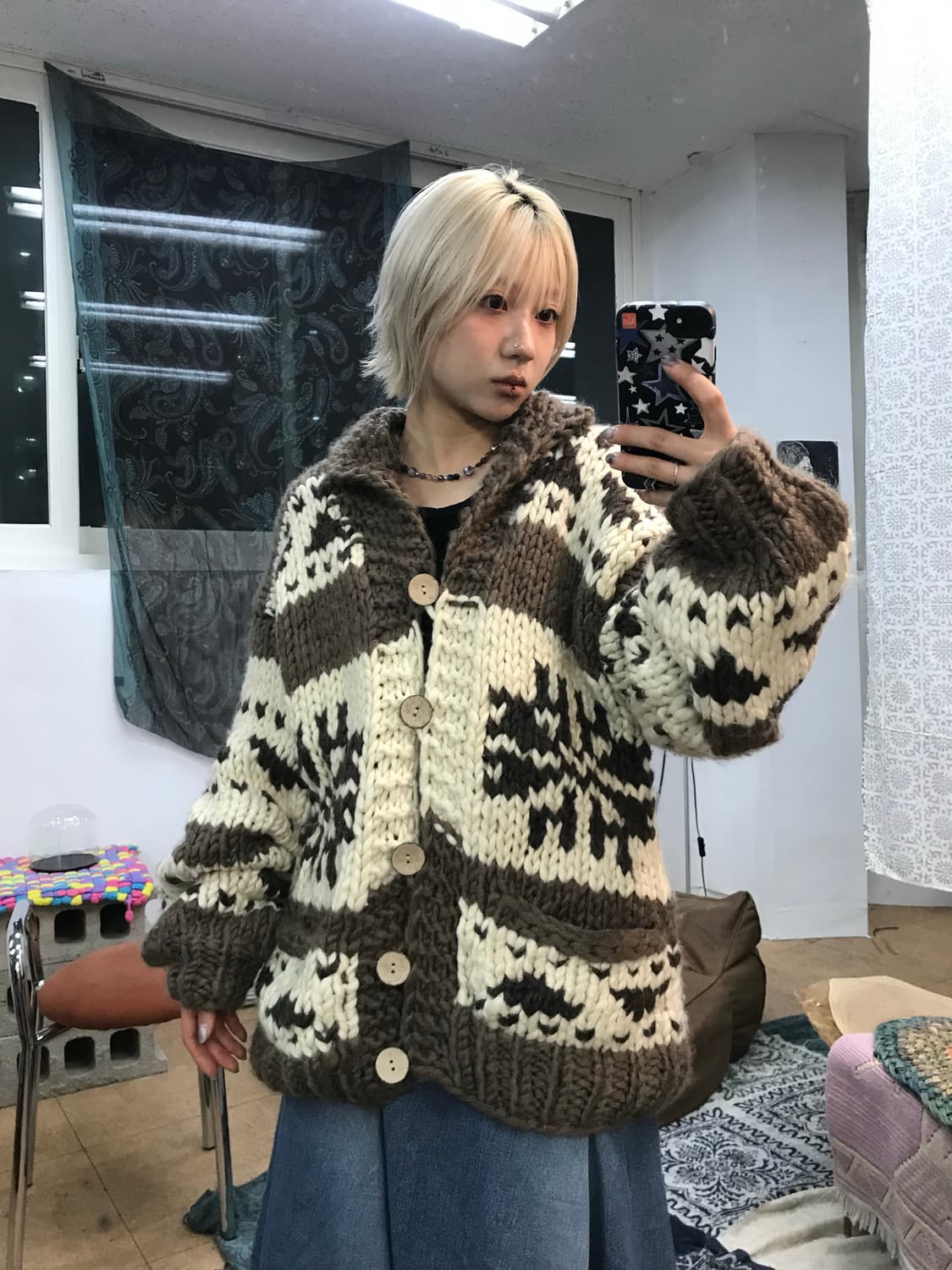 빈티지 코위찬 브라운 배색 니트 가디건  상품이미지2