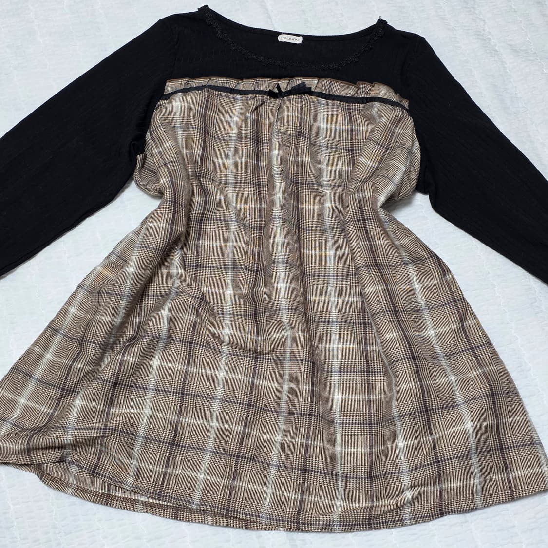 일본빈티지)블랙x브라운 체크 레이어드 플레어 레이스 로리타 로맨틱 원피스 상품이미지1