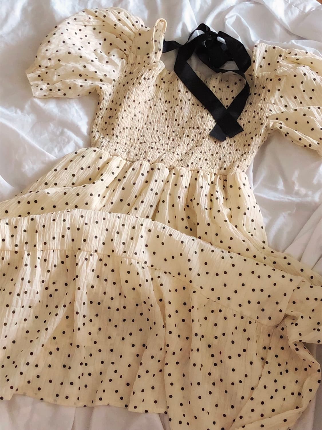 도트 퍼프 백리본 롱원피스 상품이미지1